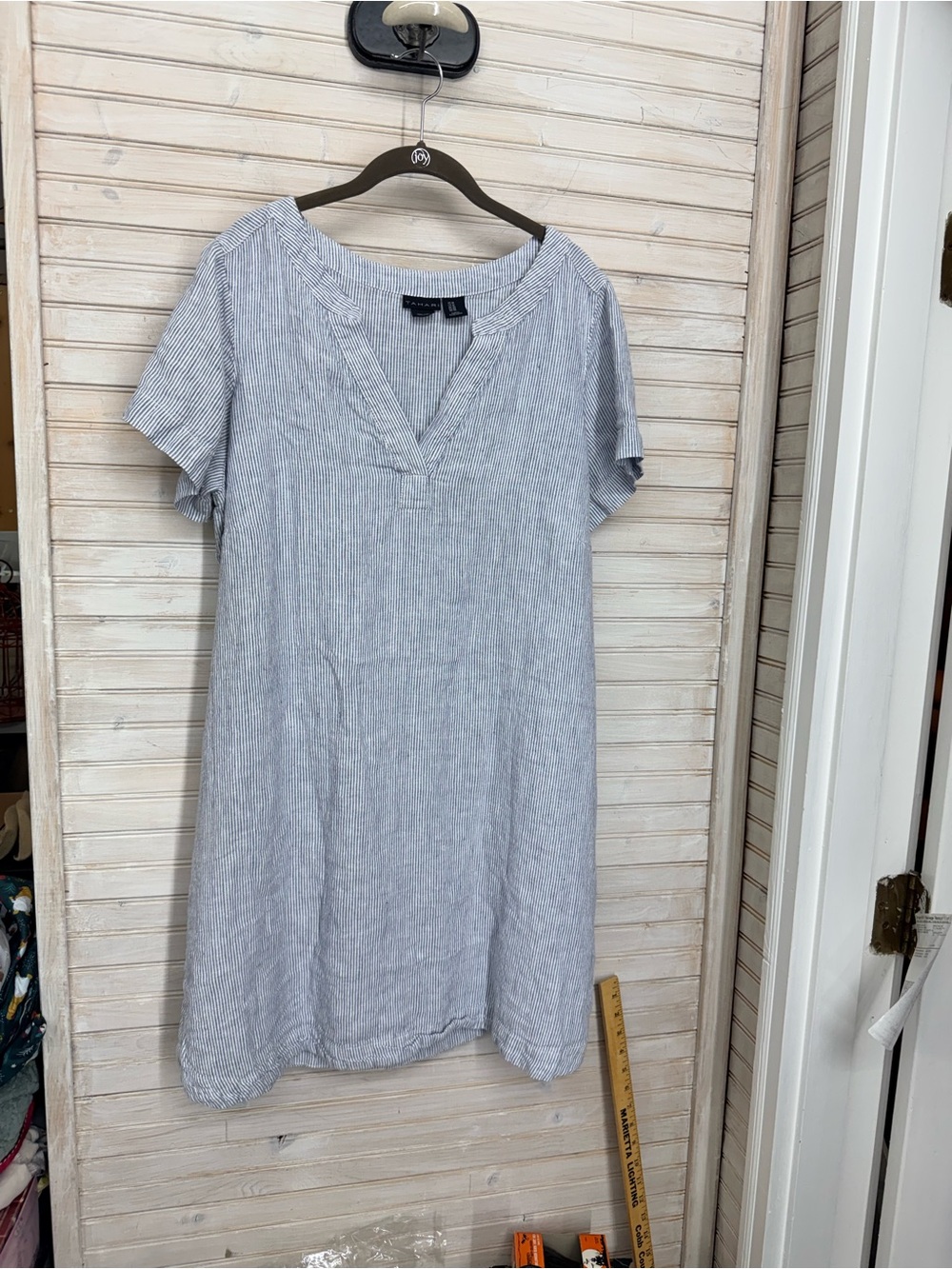Tahari Women’s 1X 100% Linen Blue & White Striped Shift Short Dress or Tunic